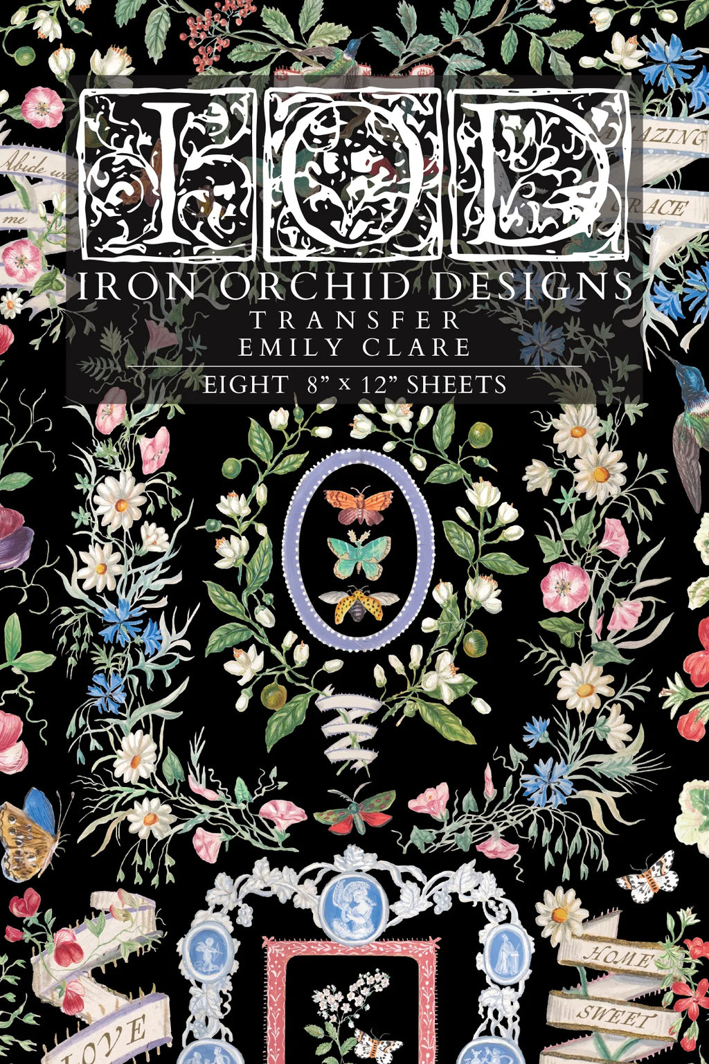 Emily Clare IOD Transfer – shows floral pattern on black background