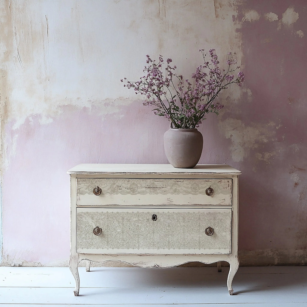 Iron Orchid Designs – lace stamp on dresser from The Silver Nutmeg