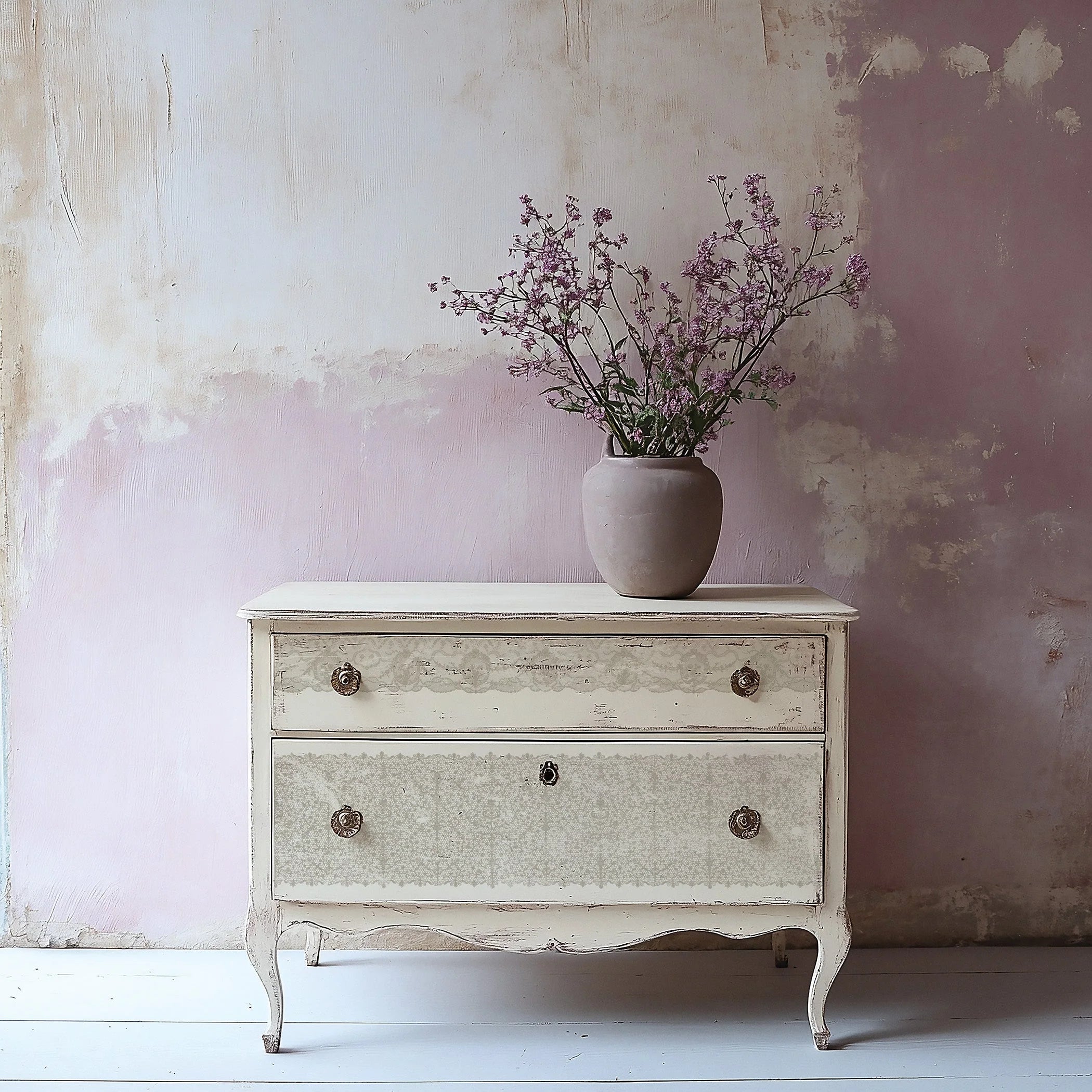 Iron Orchid Designs – lace stamp on dresser from The Silver Nutmeg